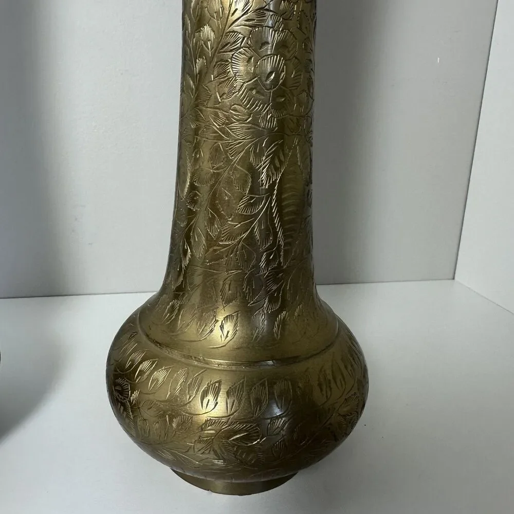 Vintage Pair Etched Brass Vases 11.5” Floral Engraved Made in India Boho Decor